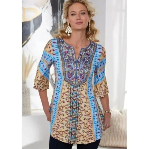 Soft Surroundings Fifi Velvet Contrast Floral Embroidered Tunic - Picture 1 of 7